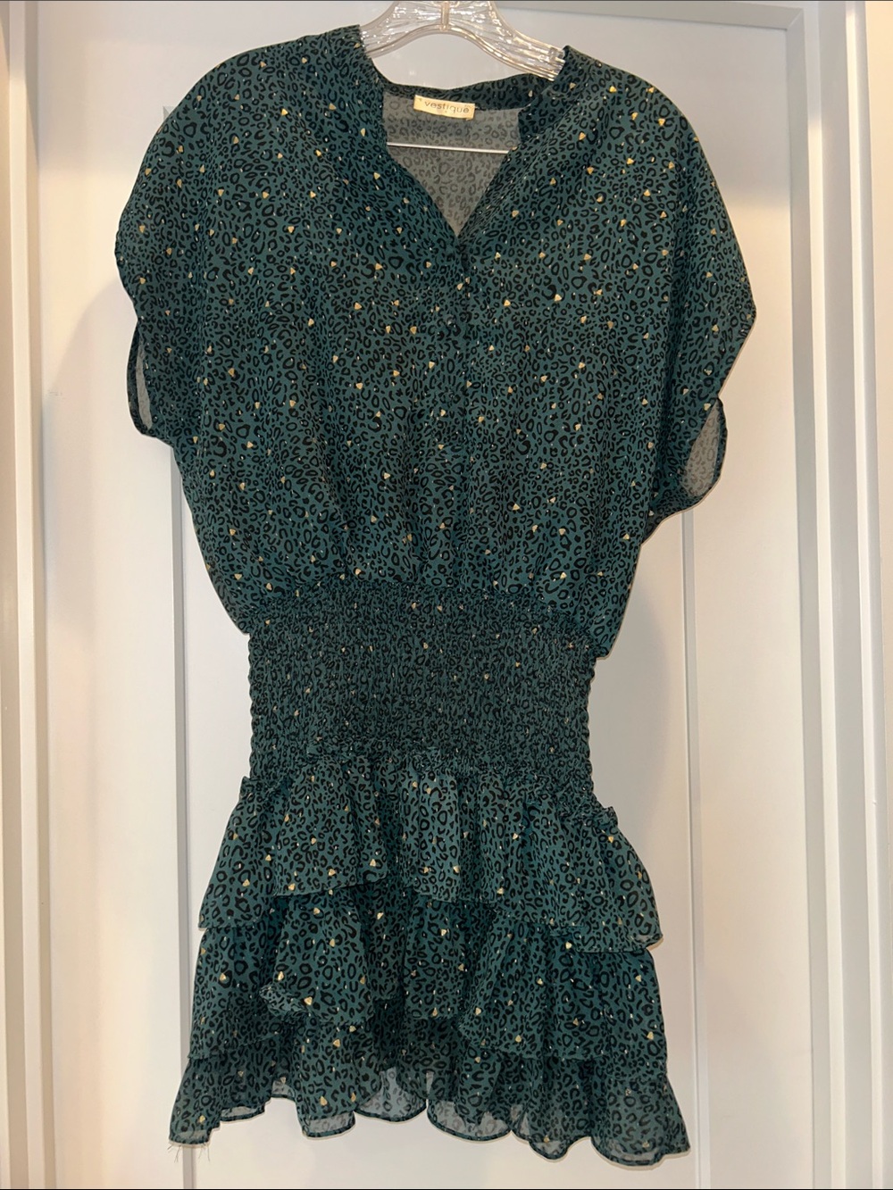 vestique Teal Leopard-Print Smocked Tiered Mini Dress with Gold Spots